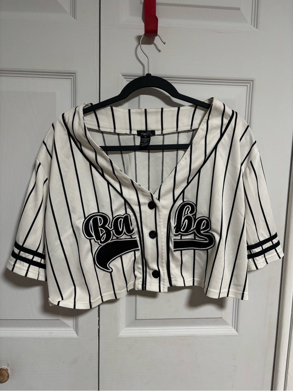 Rue21 White Baseball-Style Cropped Jersey with Black Pinstripes
